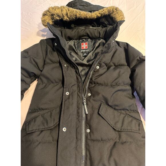 SWISS TECH Girls removeable Hooded Parka winter Coat Black Faux Fur size Small - Picture 1 of 9